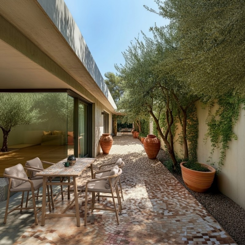 Set Mesa Bar y 4 Taburetes Kalimera exterior