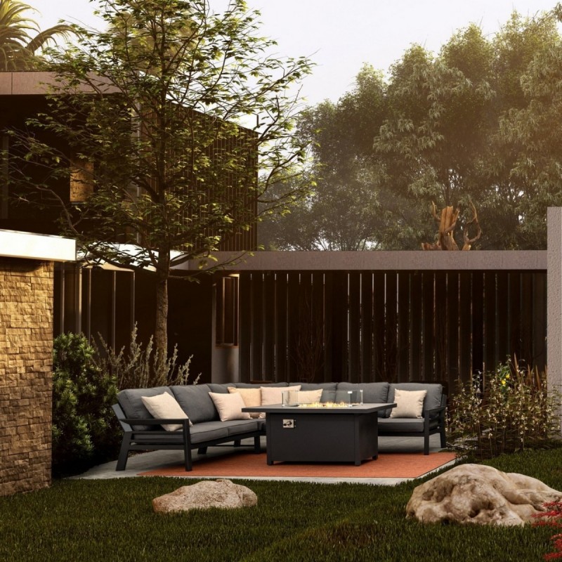 Set sofá esquinero y mesa chimenea Hendrix exterior