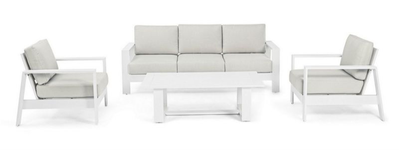 Set sofá blanco jardín + 2 sillones + mesa centro