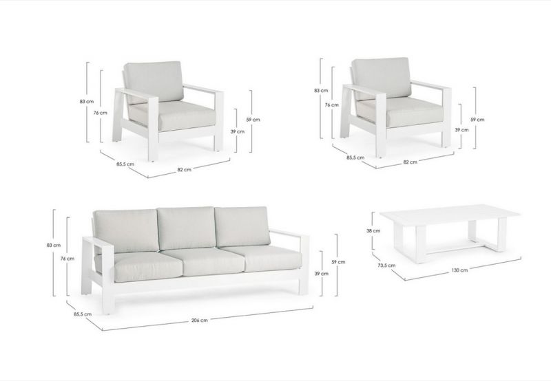 Set sofá blanco jardín + 2 sillones + mesa centro