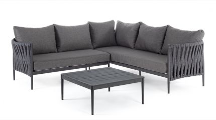 Set sofá esquinero exterior aluminio negro cuerda